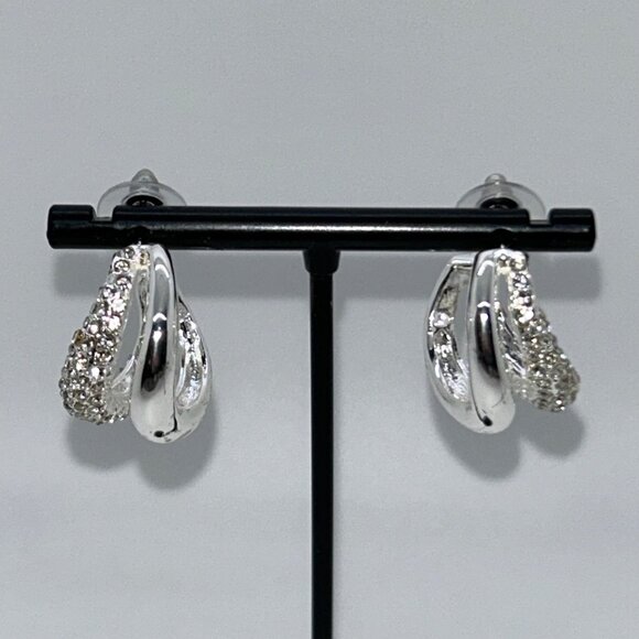 Gloria Vanderbilt Post Hoop Earrings Silver-Tone Rhinestone Classic Style - Picture 3 of 8
